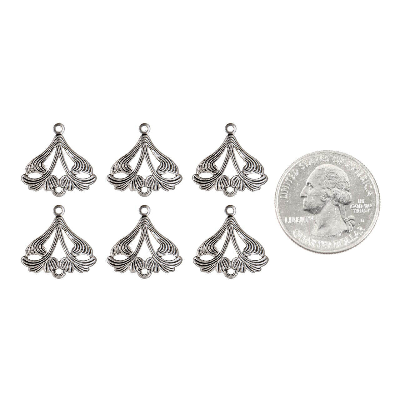 Pewter Plated Brass Leafy Triangle Two Ring Connectors Set of Six P-2C48